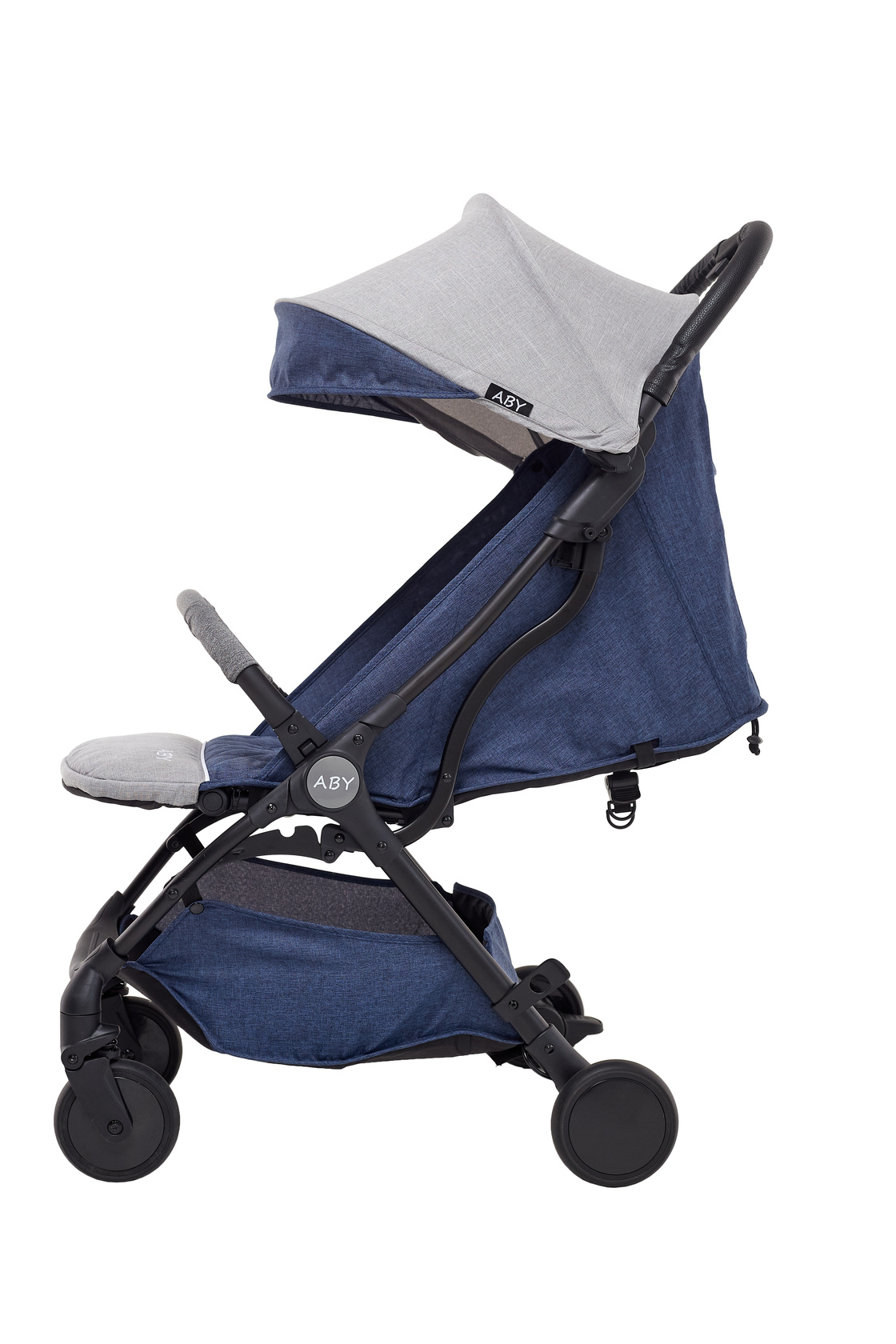 Navy stroller in profile with the canopy up — Amazon-Ready Product Photography, Brussels