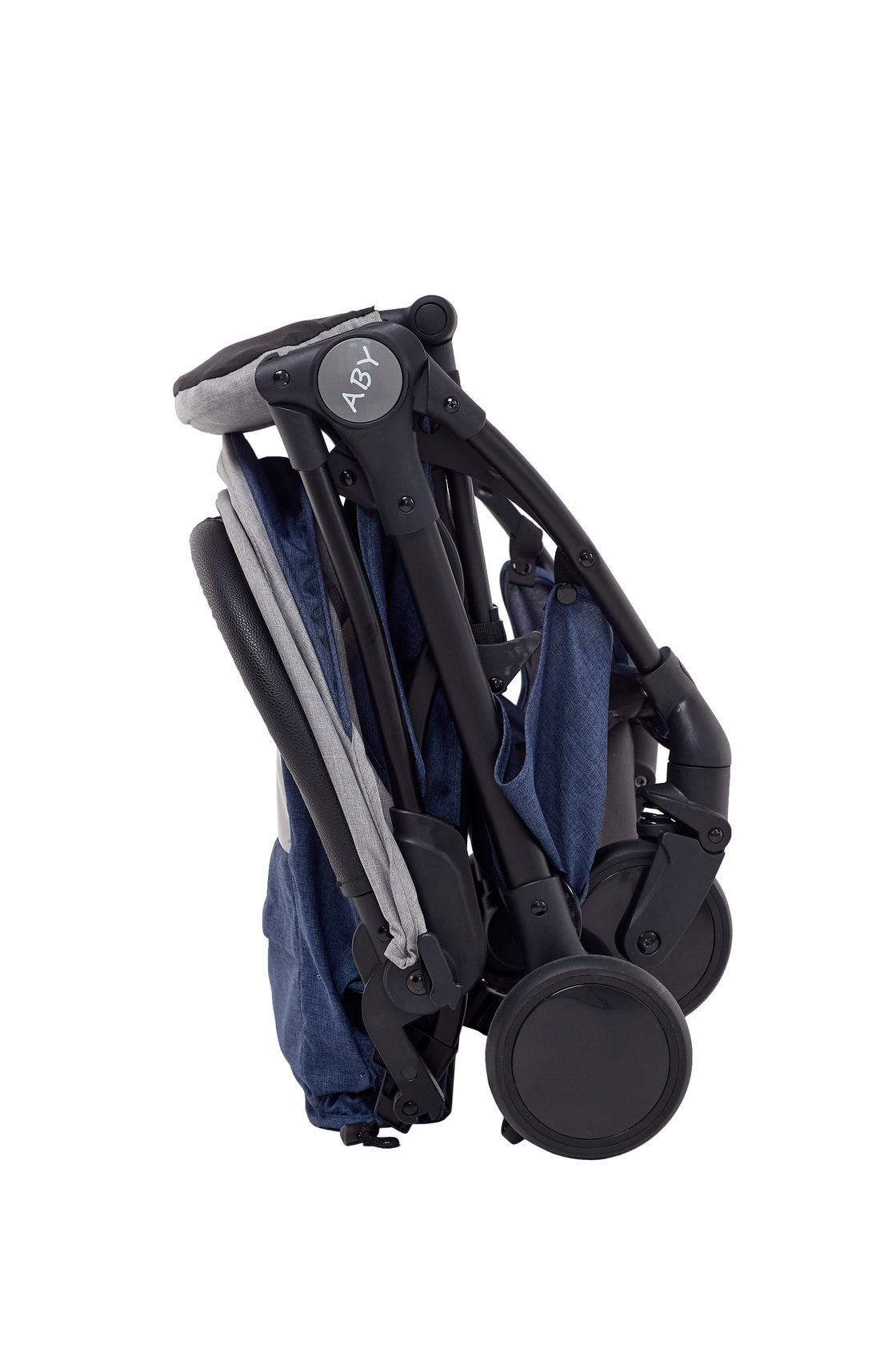 Navy stroller folded and standing on its own — Amazon-Ready Product Photography, Brussels